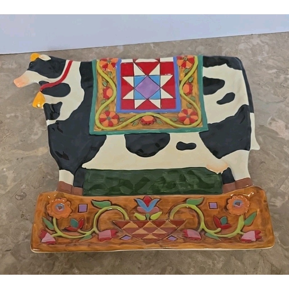 Beautiful ‎ Colorful  Large 6"X13" Jim Shore Barnyard Porcelain Cow Serving Tray